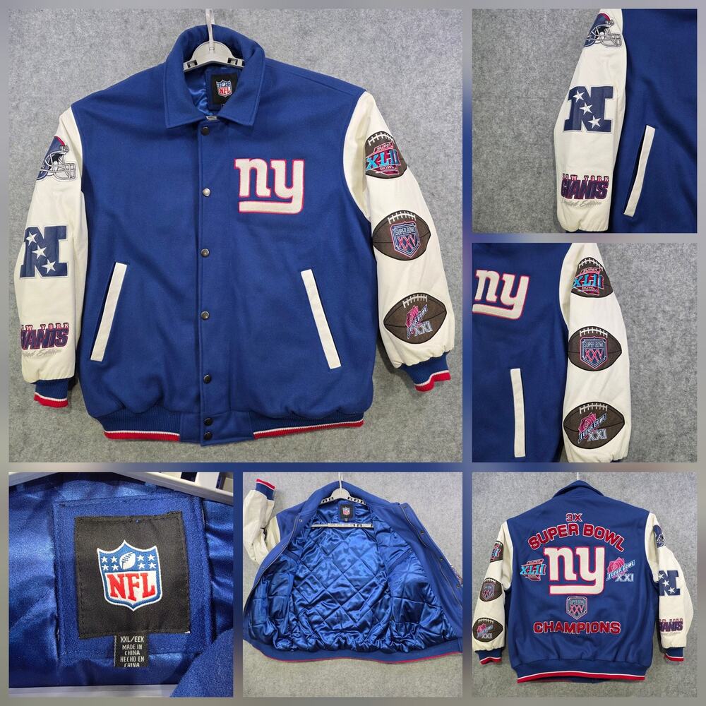 VTG New York Giants Jacket Mens 2XL Blue NFL Football 3X Super Bowl Champions
